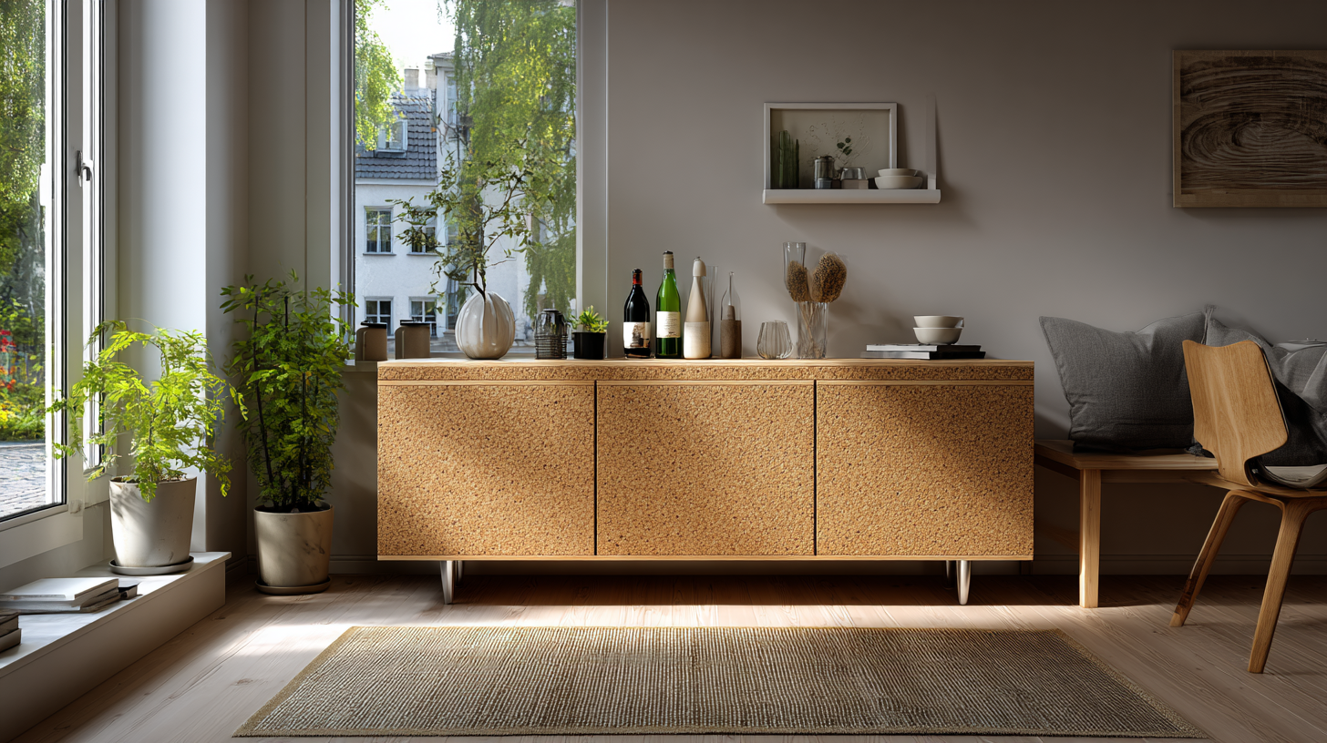 Nahaufnahme eines Sideboards mit weicher, biegsamer Oberfläche aus Korktextil in dunklem Braunton